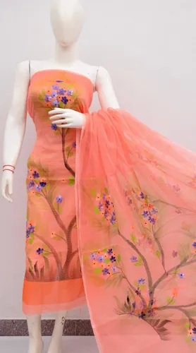 Graceful Kota Doria Dress Material with Hand Brush Print Work – Lightweight Elegance in Every Thread